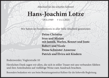Traueranzeige von Hans-Joachim Lotze von Deister- und Weserzeitung