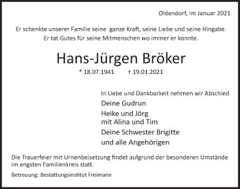 Traueranzeige von Hans-Jürgen Bröker von Deister- und Weserzeitung