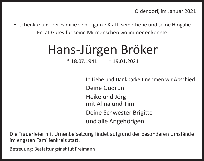  Traueranzeige für Hans-Jürgen Bröker vom 23.01.2021 aus Deister- und Weserzeitung