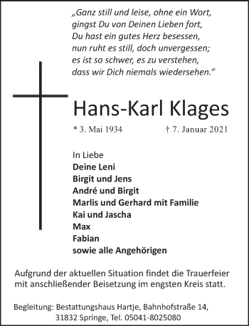 Traueranzeige von Hans-Karl Klages von Neue Deister-Zeitung