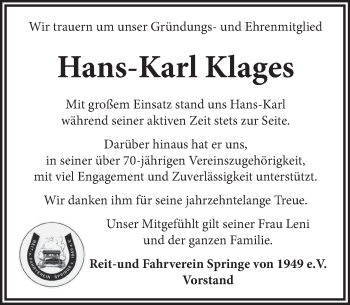 Traueranzeige von Hans-Karl Klages von Neue Deister-Zeitung