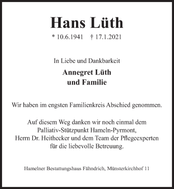 Traueranzeige von Hans Lüth von Deister- und Weserzeitung