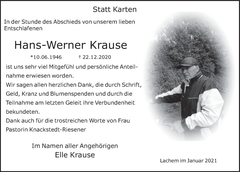  Traueranzeige für Hans-Werner Krause vom 23.01.2021 aus Deister- und Weserzeitung