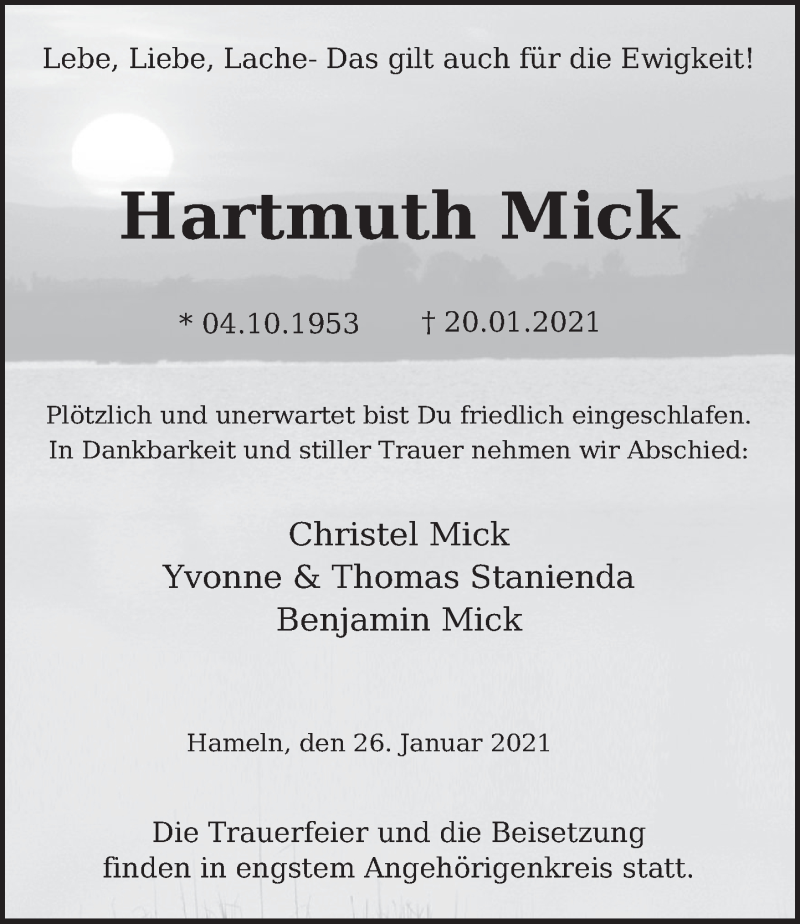  Traueranzeige für Hartmuth Mick vom 27.01.2021 aus Deister- und Weserzeitung