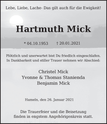 Traueranzeige von Hartmuth Mick von Deister- und Weserzeitung