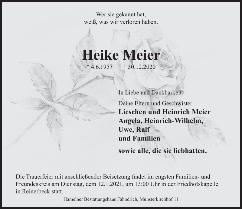  Traueranzeige für Heike Meier vom 06.01.2021 aus Deister- und Weserzeitung