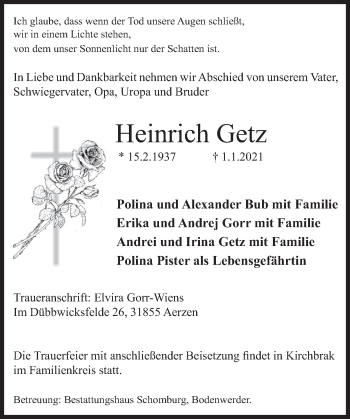 Traueranzeige von Heinrich Getz von Deister- und Weserzeitung