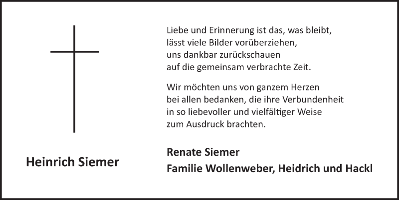  Traueranzeige für Heinrich Siemer vom 30.01.2021 aus Deister- und Weserzeitung