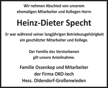 Traueranzeige von Heinz-Dieter Specht von Deister- und Weserzeitung