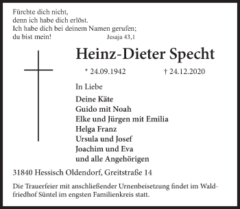 Traueranzeige von Heinz-Dieter Specht von Deister- und Weserzeitung