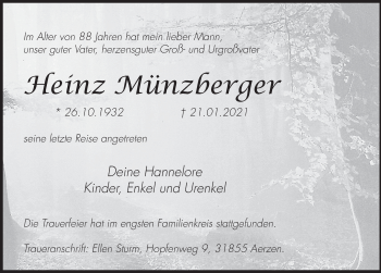 Traueranzeige von Heinz Münzberger von Deister- und Weserzeitung