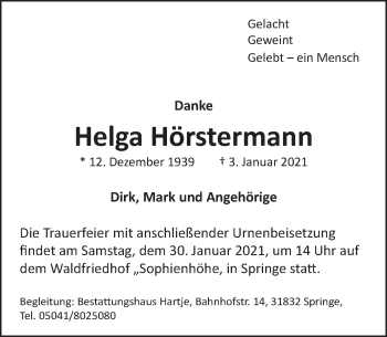 Traueranzeige von Helga Hörstermann von Neue Deister-Zeitung