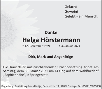 Traueranzeige von Helga Hörstermann von Neue Deister-Zeitung
