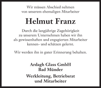 Traueranzeige von Helmut Franz von Neue Deister-Zeitung