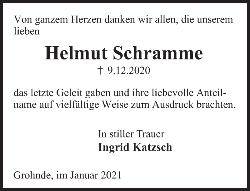  Traueranzeige für Helmut Schramme vom 09.01.2021 aus Deister- und Weserzeitung