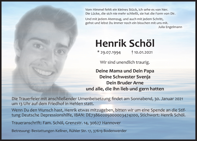  Traueranzeige für Henrik Schöl vom 23.01.2021 aus Deister- und Weserzeitung