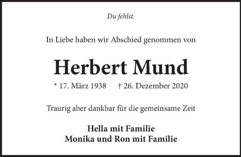  Traueranzeige für Herbert Mund vom 23.01.2021 aus Neue Deister-Zeitung