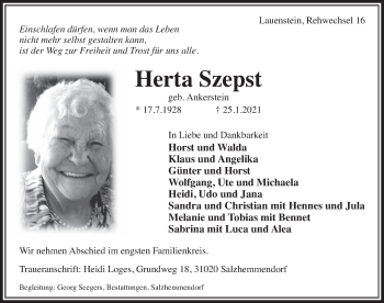 Traueranzeige von Herta Szepst von Deister- und Weserzeitung