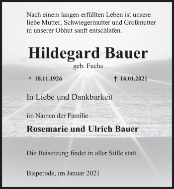 Traueranzeige von Hildegard Bauer von Deister- und Weserzeitung