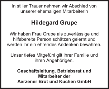 Traueranzeige von Hildegard Grupe von Deister- und Weserzeitung