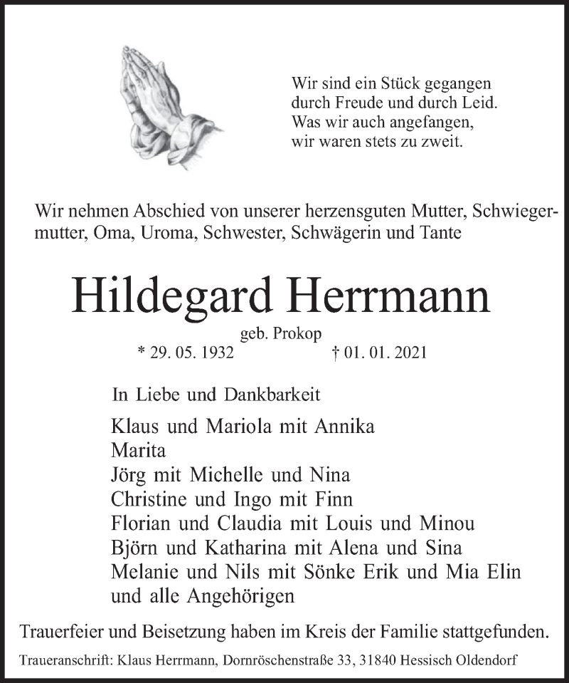  Traueranzeige für Hildegard Herrmann vom 09.01.2021 aus Deister- und Weserzeitung