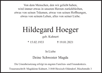 Traueranzeige von Hildegard Hoeger von Deister- und Weserzeitung