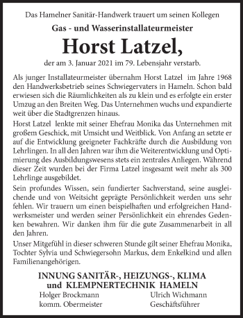 Traueranzeige von Horst Latzel von Deister- und Weserzeitung