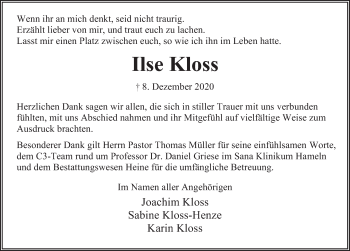 Traueranzeige von Ilse Kloss von Deister- und Weserzeitung