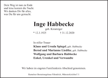 Traueranzeige von Inge Habbecke von Deister- und Weserzeitung