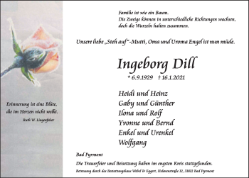 Traueranzeige von Ingeborg Dill von Deister- und Weserzeitung