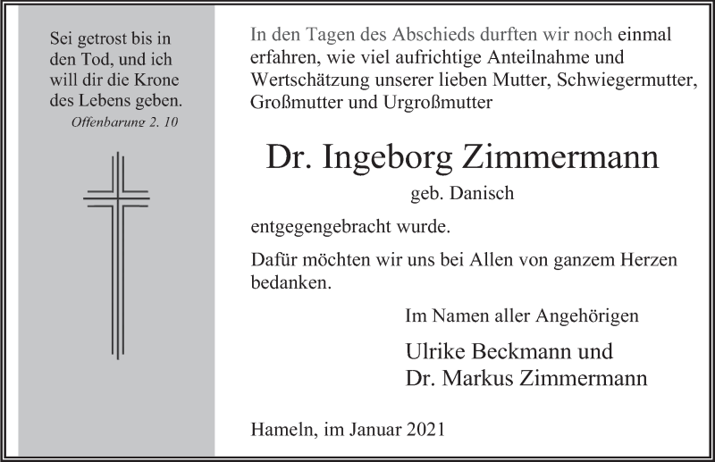  Traueranzeige für Ingeborg Zimmermann vom 16.01.2021 aus Deister- und Weserzeitung