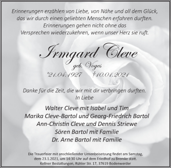 Traueranzeige von Irmgard Cleve von Deister- und Weserzeitung