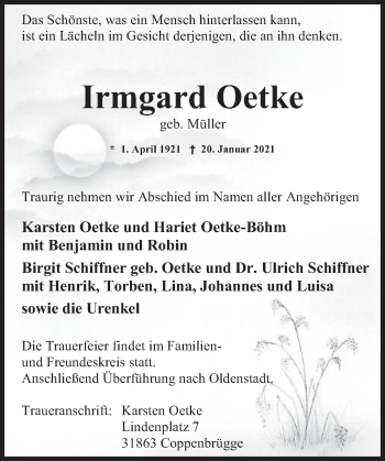 Traueranzeige von Irmgard Oetke von Deister- und Weserzeitung