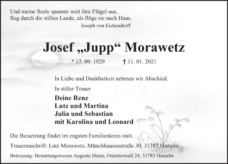  Traueranzeige für Josef  Morawetz vom 16.01.2021 aus Deister- und Weserzeitung