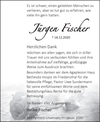 Traueranzeige von Jürgen Fischer von Deister- und Weserzeitung