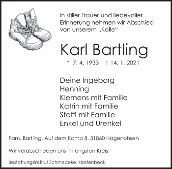 Traueranzeige von Karl Bartling von Deister- und Weserzeitung