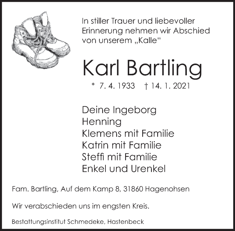  Traueranzeige für Karl Bartling vom 23.01.2021 aus Deister- und Weserzeitung