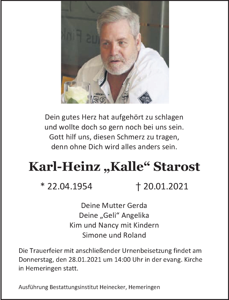  Traueranzeige für Karl-Heinz  Starost vom 23.01.2021 aus Deister- und Weserzeitung