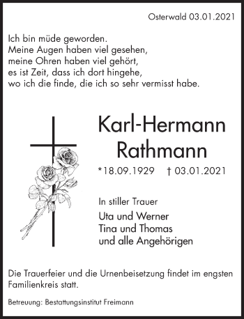 Traueranzeige von Karl-Hermann Rathmann von Deister- und Weserzeitung