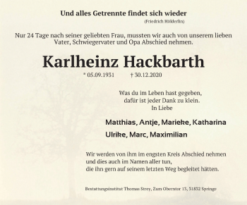 Traueranzeige von Karlheinz Hackbarth von Neue Deister-Zeitung