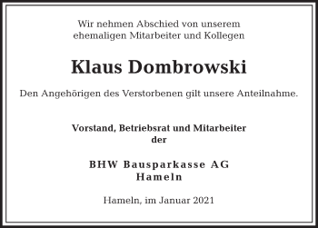 Traueranzeige von Klaus Dombrowski von Deister- und Weserzeitung