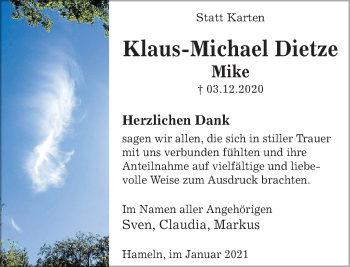 Traueranzeige von Klaus-Michael Dietze von Deister- und Weserzeitung