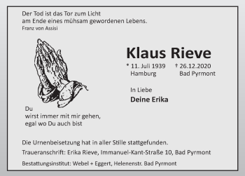 Traueranzeige von Klaus Rieve von Deister- und Weserzeitung