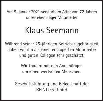 Traueranzeige von Klaus Seemann von Deister- und Weserzeitung