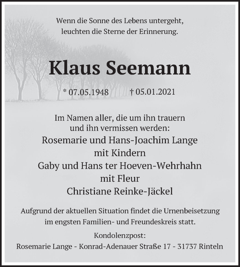  Traueranzeige für Klaus Seemann vom 29.01.2021 aus Deister- und Weserzeitung