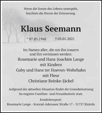 Traueranzeige von Klaus Seemann von Deister- und Weserzeitung