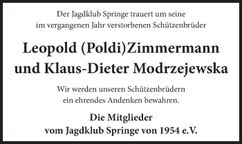 Traueranzeige von Leopold Zimmermann von Neue Deister-Zeitung
