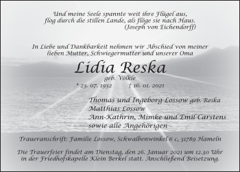 Traueranzeige von Lidia Reska von Deister- und Weserzeitung