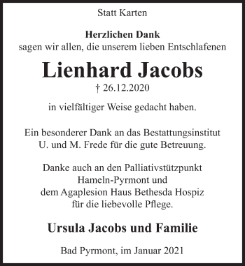 Traueranzeige von Lienhard Jacobs von Deister- und Weserzeitung