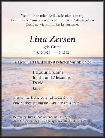 Traueranzeige von Lina Zersen von Neue Deister-Zeitung